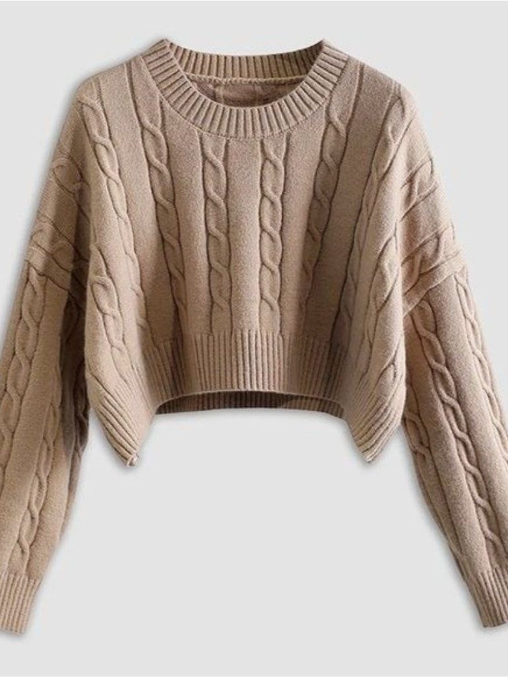 Commense Cropped Cable-Knit Crew Sweater in Beige - Picture 2 of 5